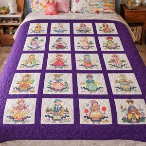 VTG Rare Handmade Dolls of the World Hand Painted Eclectic Purple Quilt 70”x 85”